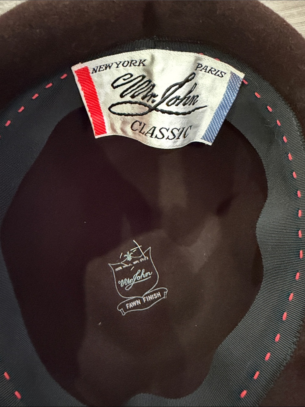 Vintage Mr. John Classic Felt Hat - Brown with Pink Stitching.